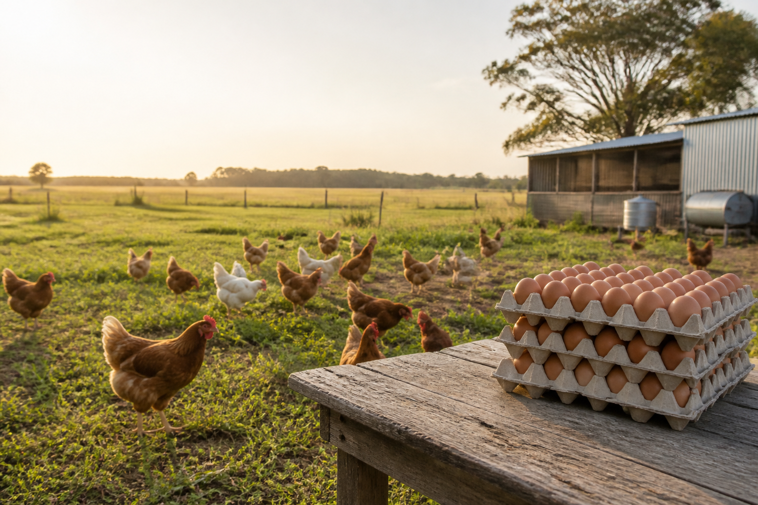Farm scene with chickens and eggs